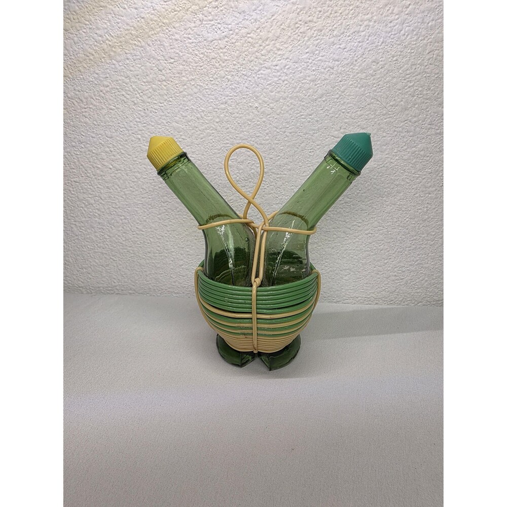 Vintage Green Glass Oil & Vinegar Cruet Set with Wire Basket Caddy | Mid Century